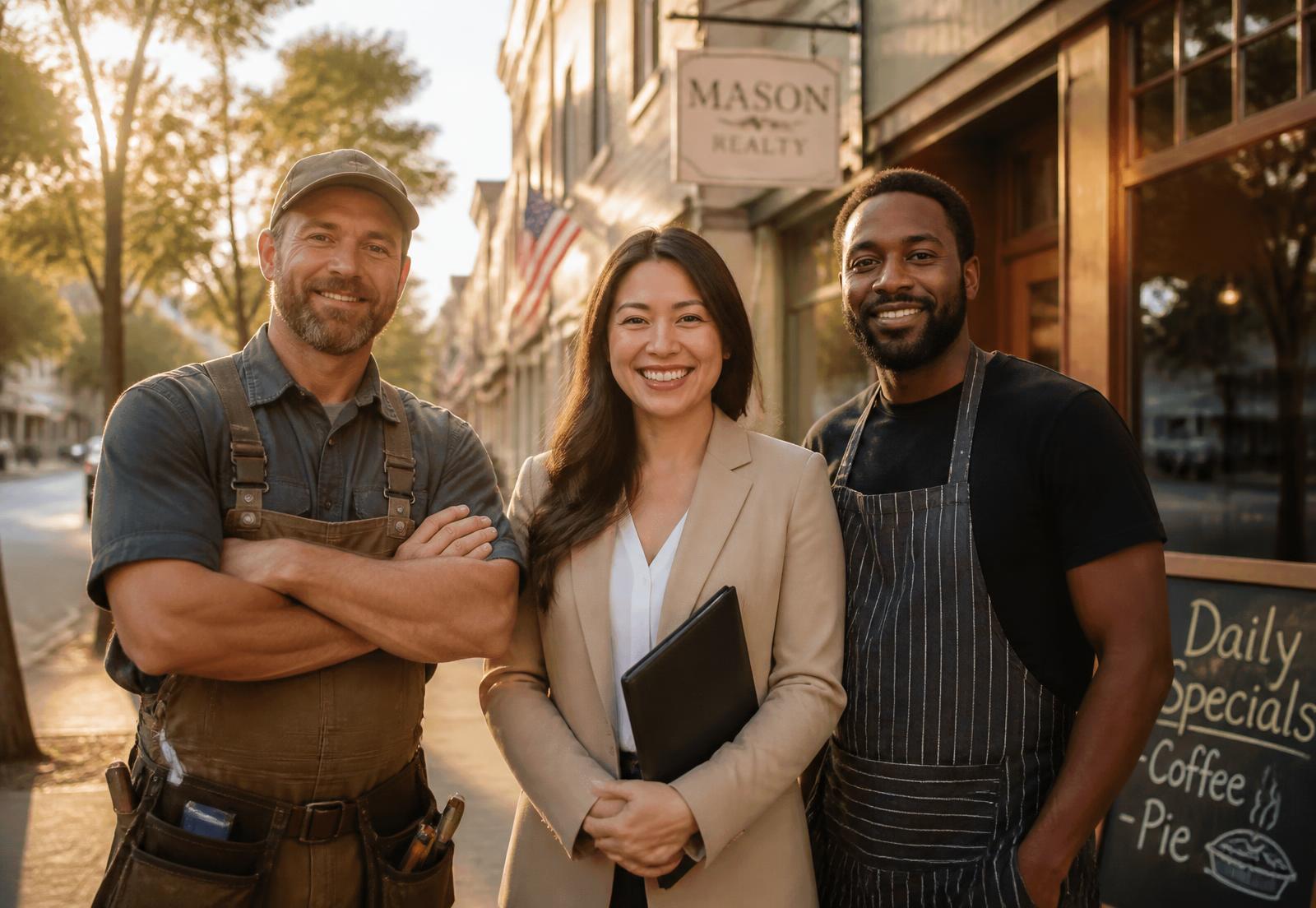 local business owners standing together on a main street